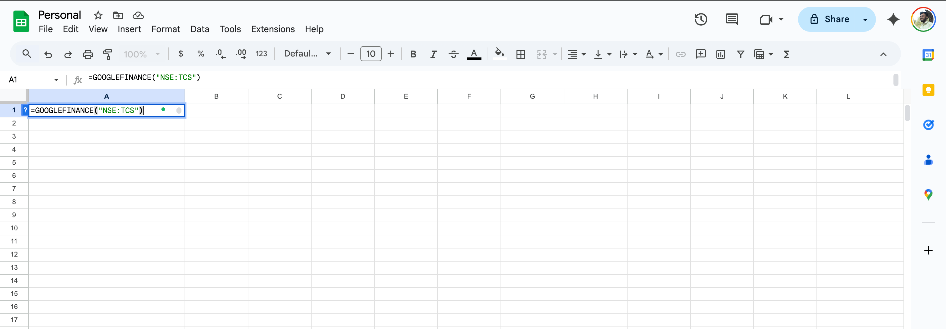 Googlefinance formula in google sheets
